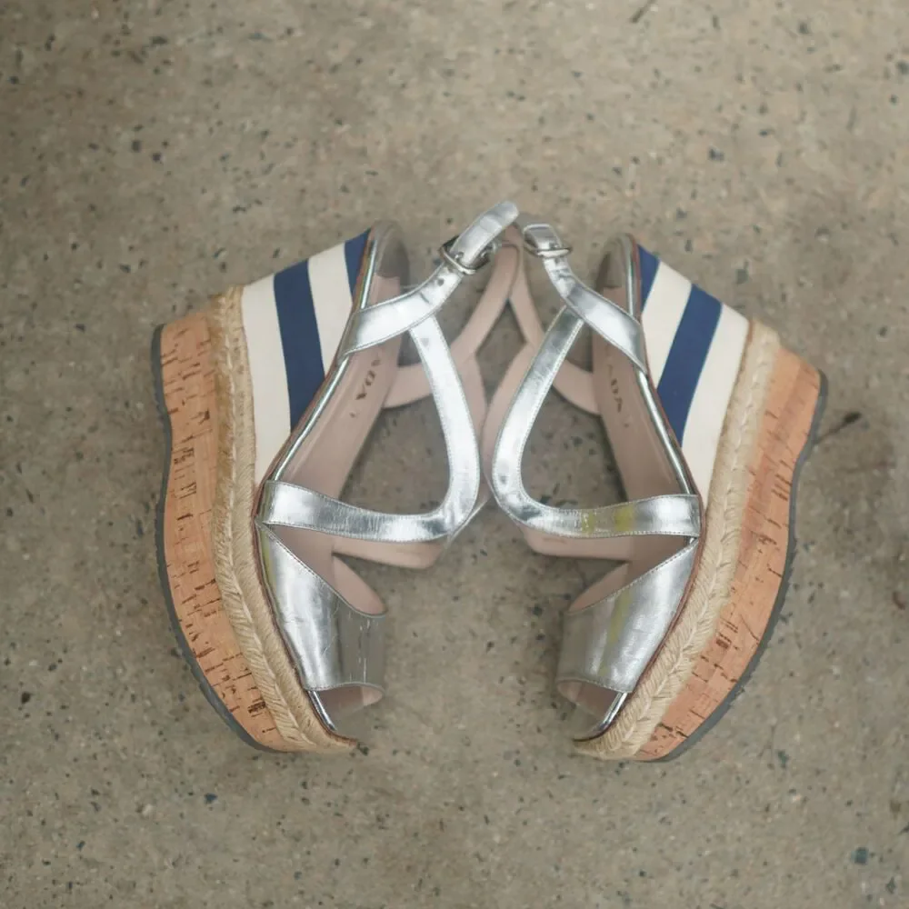 Prada Metallic Silver Leather Strappy Platform Wedge Sandals 40.5 US 10.5 Stripe
